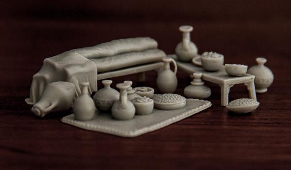 Scatter scenery - pots, benches and cloth