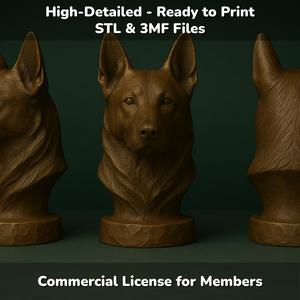 German Shepherd Dog Bust - 3D Printable STL 3MF File - Pet Memorial Statue - Dog Model Download