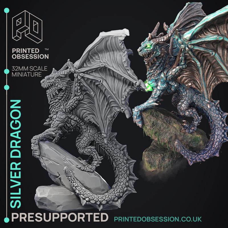 Silver Dragon - Large Model -  PRESUPPORTED - Illustrated and Stats - 32mm scale