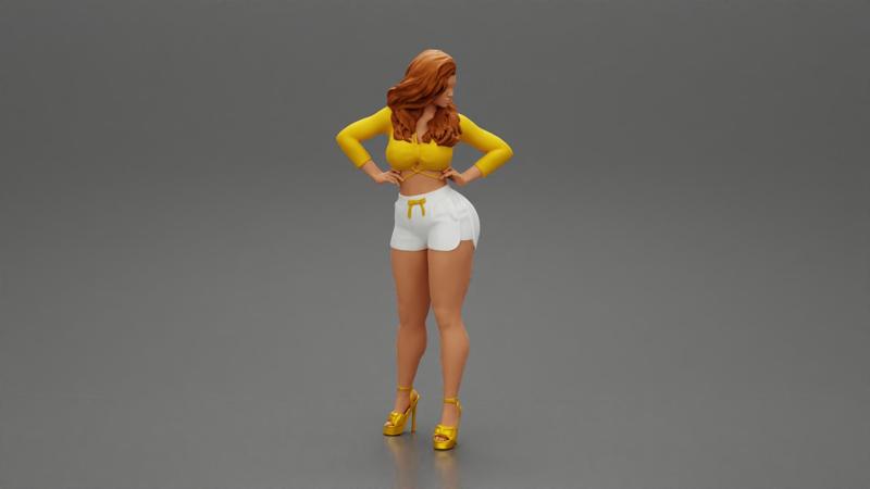 Sexy girl in short and heels with long hair posing