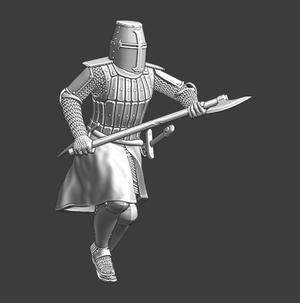 Medieval crusader Knight running with great axe