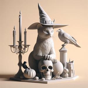 386 Witch Cat Composition - Skull, Raven & Candleholder on Shared Ivory Base, animal, 3d model, statue, creature, magic, 3d print, collectible, cat, bear, witch, dinosaur, wooden, dragon, knight, viking