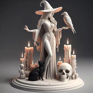 377 Elegant Witch with Candles, Raven, and Black Cat - Full-Body Figurine, fantasy, art, sculpture, model, animal, 3d model, statue, creature, low poly, 3d print, collectible, cat, wood, dragon, sword, base, warrior, wild, dog
