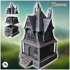 Large medieval house with awning and concave roofs (36) - Medieval Middle Earth Age 28mm 15mm RPG Shire