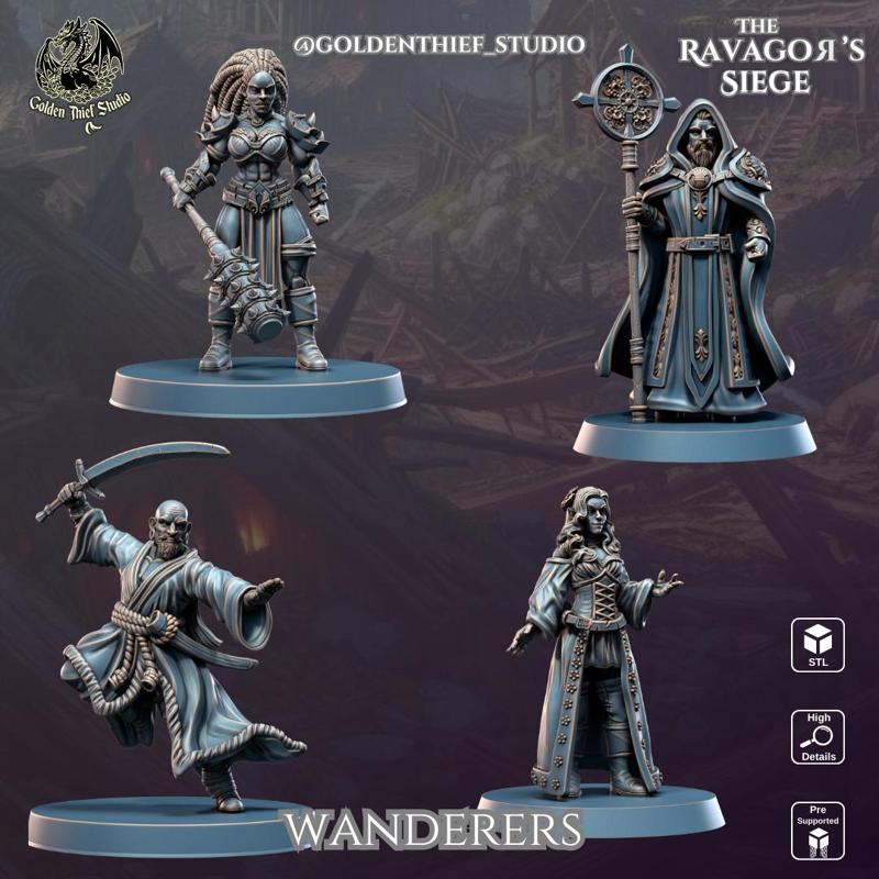 Wanderers | 3D Printable STL (Bard,Cleric,Monk,Barbarian) Heroes for Wargames & RPGs