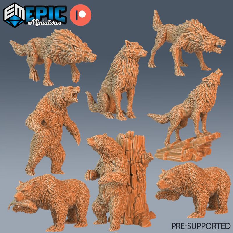 Wolf & Grizzly Bear Set / Wild Animal / Woodland Predator / Evil Beast / Forest Encounter