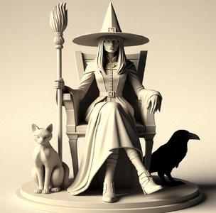036 Ivory Witch on Chair with Cat and Raven - 3D Figurine