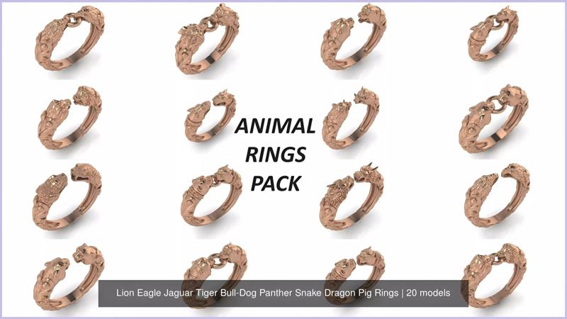 Lion Eagle Jaguar Tiger Bull-Dog Panther Snake Dragon Pig Rings 3D Model Collection