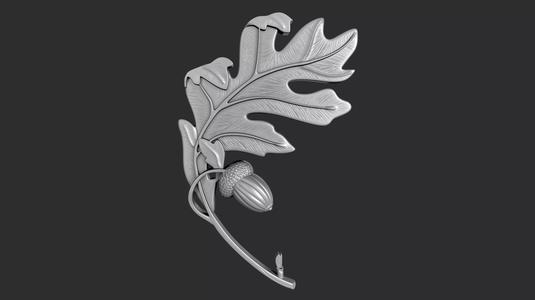 STL models for 3D printing and CNC oak leaf with acorn