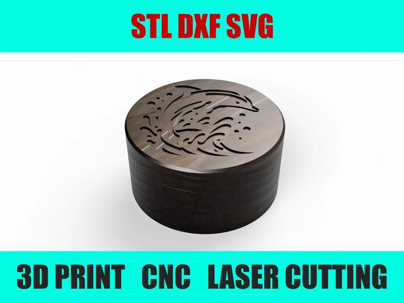 Wooden Round Box with Dolphin Carving - Screw Lid Jewelry Storage