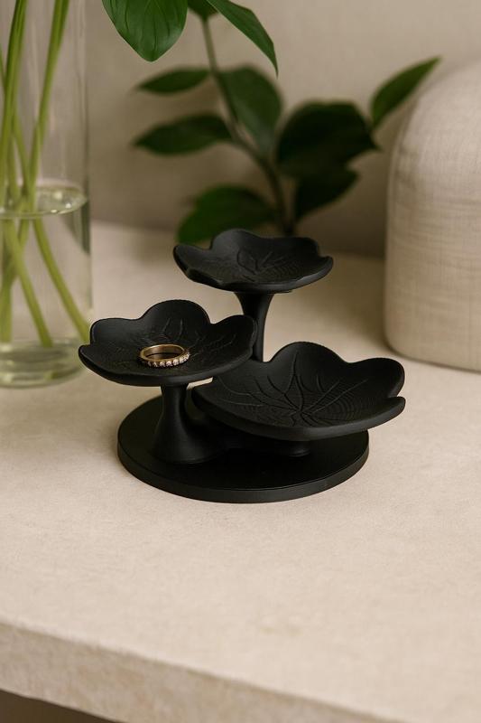 3-Tier Black Leaf Tray – Forest-Inspired Organizer for Jewelry & Decor