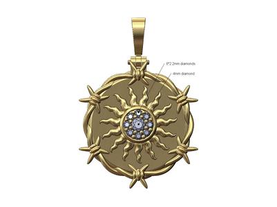 Diamond sun cluster barbwire round pendant with bail 3D print model