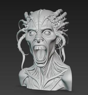 Alien woman Horror Bust  -  3D Printable Monster Head Sculpture  screaming alien bust demonic Gray Alien wearing panties