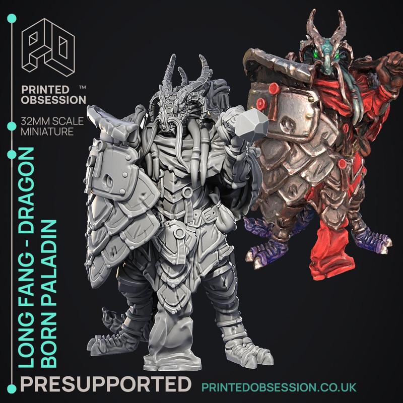 Dragonborn Paladin - Longfang -  PRESUPPORTED - Illustrated and Stats - 32mm scale