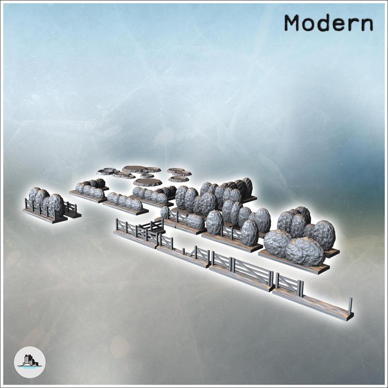 Set of natural scenery with bushes, hedges, and wooden fences (4) - Modern WW2 WW1 World War Diaroma Wargaming RPG Mini Hobby