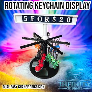Rotating keychain display with easy change price sign