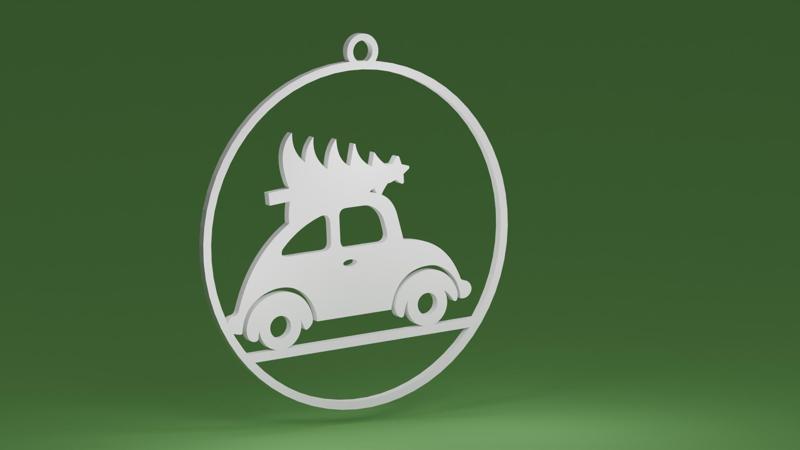 Retro Car with Christmas Tree on the roof in a bauble 1 (Christmas tree ornament)