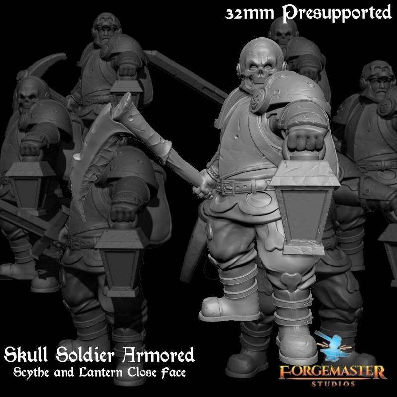 Human Death Knight - Skull Soldier Armored Scythe and Lantern Close Face