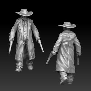Wild west cowboy gunslinger walk with dual guns