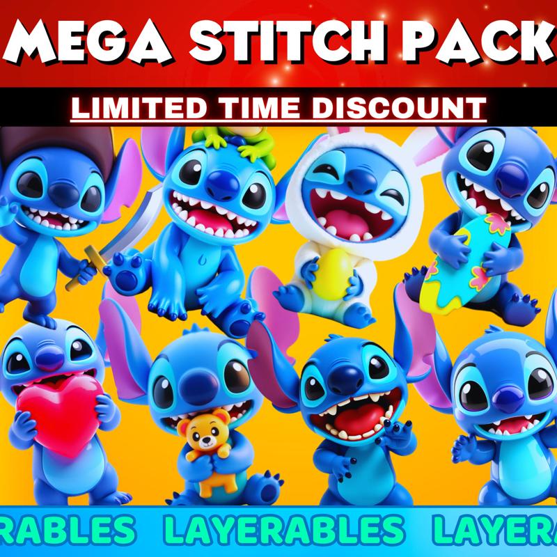 Mega Stitch STL Pack – 3D Printable Fan Art Figurine Bundle – Chibi, Cute, Funny, Bunny Suit, Heart