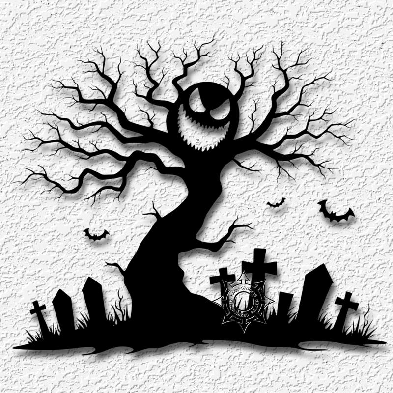 haunted cemetery tree wall art halloween decor with bats