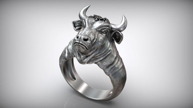 Taurus Bull Head with Horns Men Silver Ring