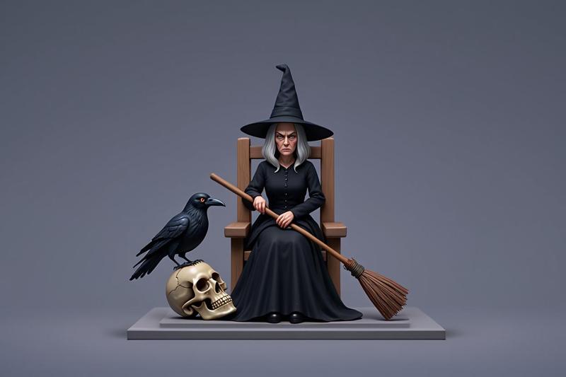 1382 Witch with Broom, Raven and Skull - Colorful Full-Body Figurine, magic, creature, fantasy, wood, gnome, gorgon, warrior, wild, fox, monster, cat, dog, fair, witch, werewolf, horror, beast, gothic, troll