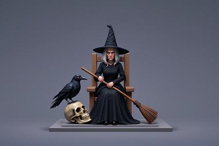 1382 Witch with Broom, Raven and Skull - Colorful Full-Body Figurine, magic, creature, fantasy, wood, gnome, gorgon, warrior, wild, fox, monster, cat, dog, fair, witch, werewolf, horror, beast, gothic, troll