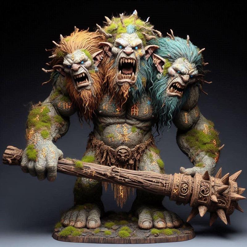 673 Three-Headed Troll - 3D-Printed Fantasy Statue with Club, character, sculpture, statue, creature, low poly, collectible, wood, sword, base, warrior, wild, dog, dragon, dnd, cat, monster hunter, monster, totem, totemic