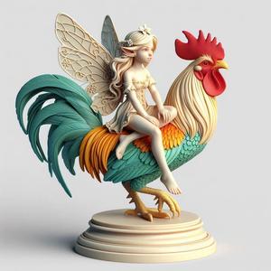 1242 Fairy Rider - COLORFUL 3D-Printed Ivory-Style Statue of Fairy on Rooster, magic, witch, werewolf, fantasy, wood, base, sword, warrior, wild, dnd, cat, monster, dog, godzilla, fair, lion, fox, faun, pomeranian, beast