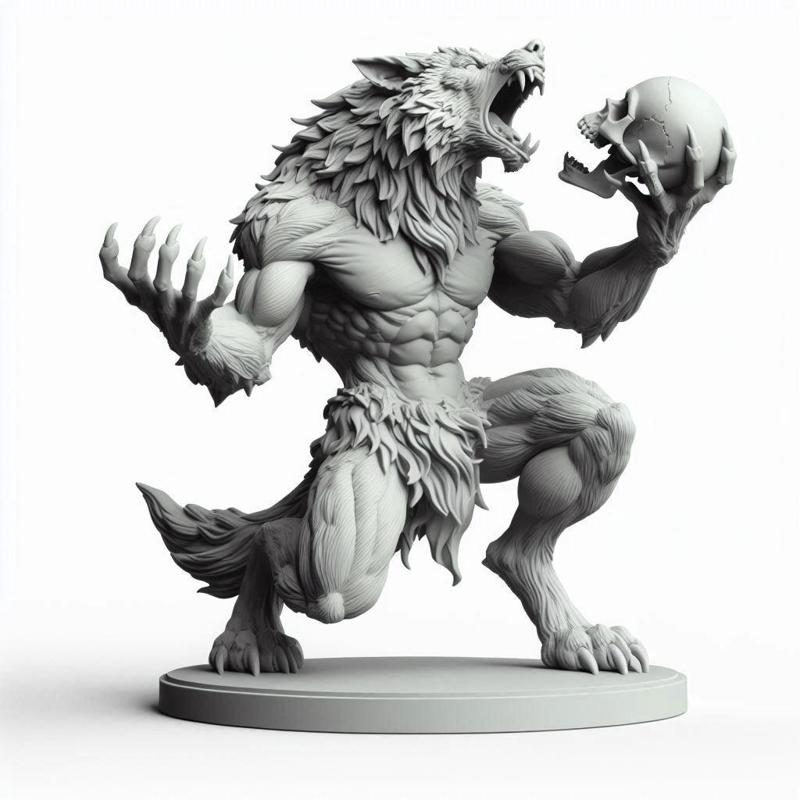 462 Ivory Werewolf Howling with Skull - 3D Model, magic, collectible, creature, dinosaur, sculpture, bear, troll, monkey, witch, club, werewolf, serpent, cat, fantasy, fairy
