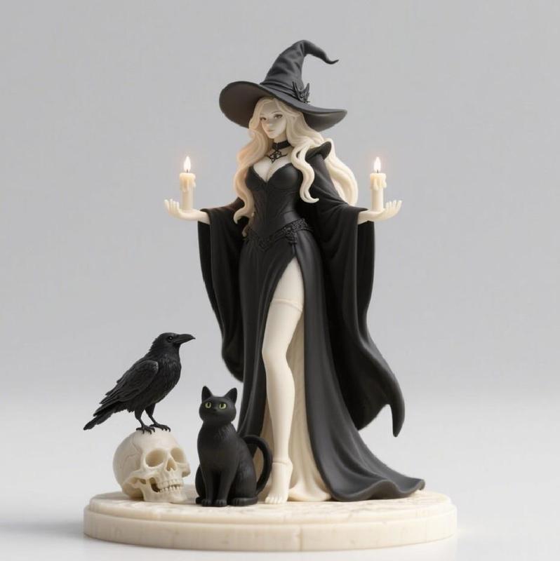 378 Elegant Black Witch with Candles, Black Raven, Black Cat and Human Skull - Full-Body Figurine, model, 3d model, statue, 3d print, low poly, creature, sculpture, cat, fantasy, art, dragon, wood, base, sword, warrior, wild, dog