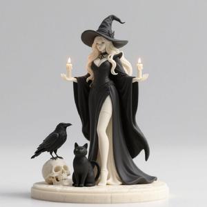 378 Elegant Black Witch with Candles, Black Raven, Black Cat and Human Skull - Full-Body Figurine, model, 3d model, statue, 3d print, low poly, creature, sculpture, cat, fantasy, art, dragon, wood, base, sword, warrior, wild, dog