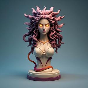 1771 Color 3D Model of a Beautiful Gorgon with Glowing Eyes, fantasy, wood, base, sword, warrior, wild, fox, monster, cat, dog, fair, witch, werewolf, horror, beast, gothic, troll