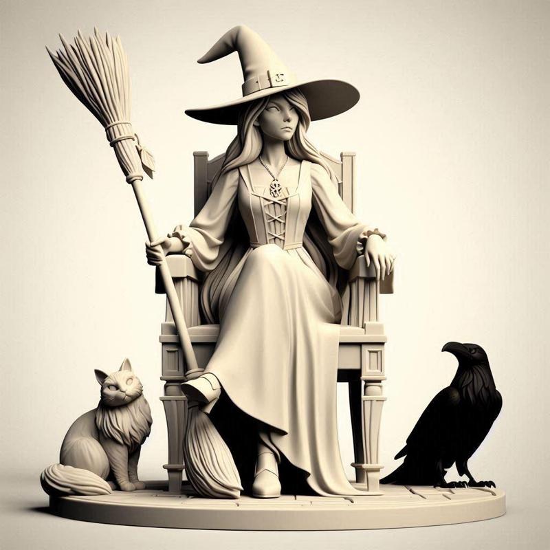 502 Ivory Witch on Chair with Cat and Raven - 3D Figurine, creature, dinosaur, sculpture, monkey, witch, serpent, fantasy, art, wooden, dragon, dnd, cat, monster hunter, dog, totem, totemic