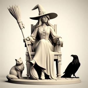 502 Ivory Witch on Chair with Cat and Raven - 3D Figurine, creature, dinosaur, sculpture, monkey, witch, serpent, fantasy, art, wooden, dragon, dnd, cat, monster hunter, dog, totem, totemic