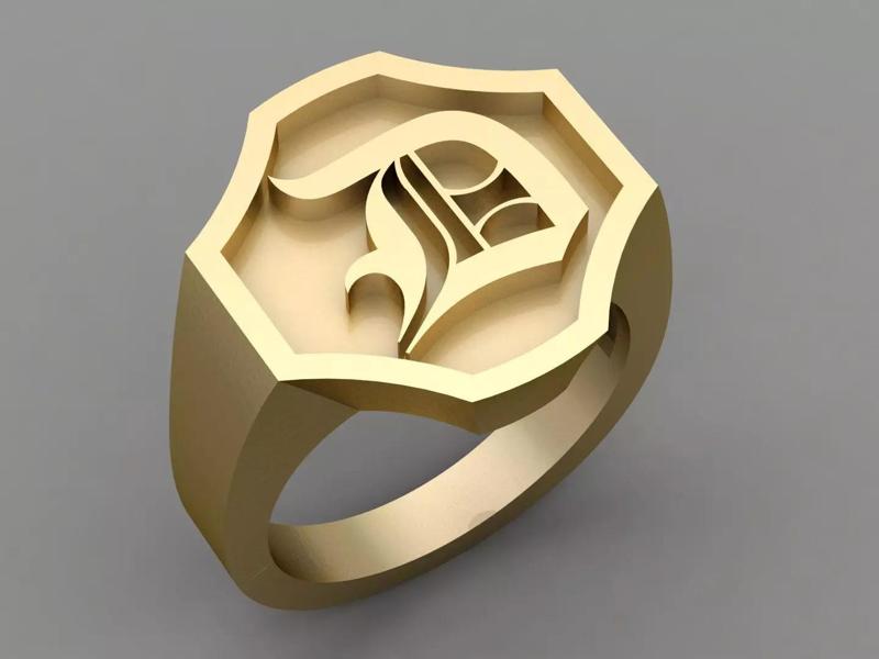 D Letter Classy Solid 14K Gold Name Initial Signet Ring Mens