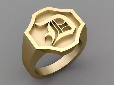 D Letter Classy Solid 14K Gold Name Initial Signet Ring Mens