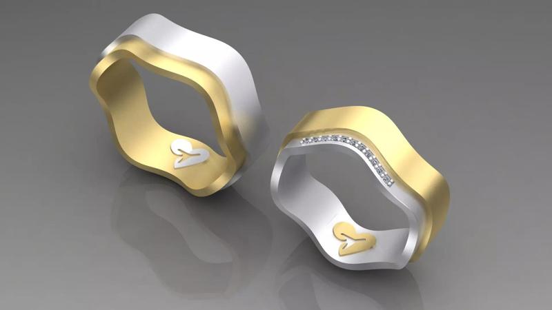Couple  wedding rings with diamonds and planes inside