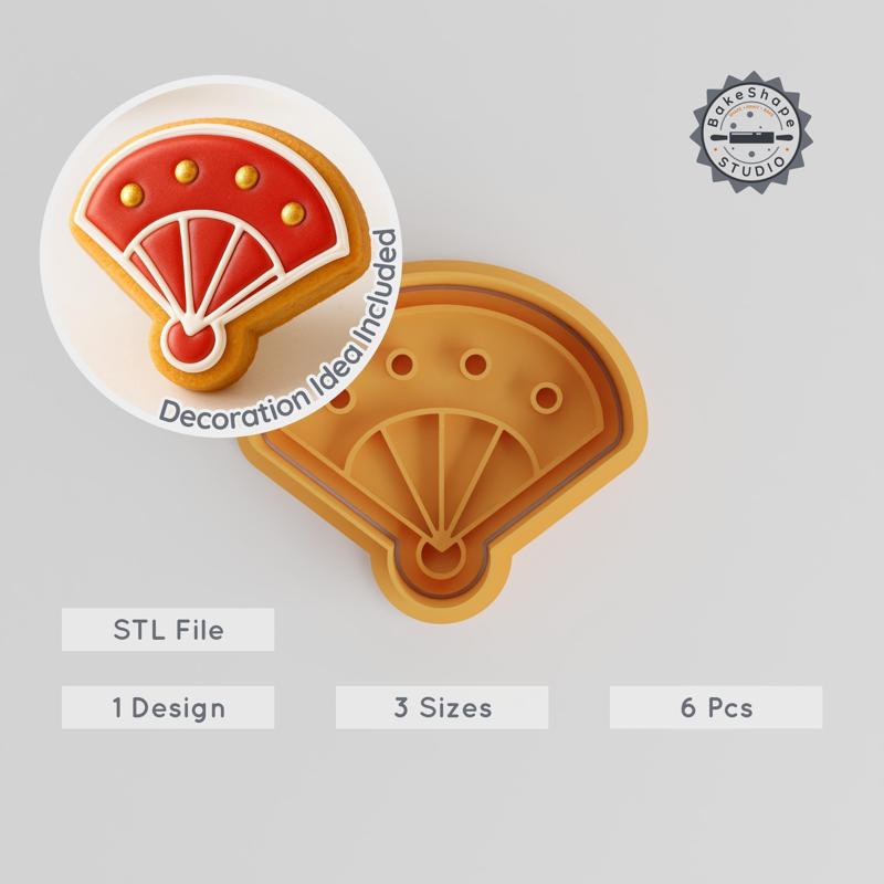 Hand Fan Shape Cutter & Stamp Set, Festival & Cultural Design, Cookie & Fondant Tool, 6-Piece, S/M/L Sizes