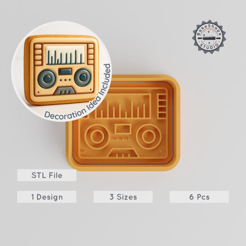 Radio Shape Cutter & Stamp, Perfect for Cookies & Fondant, Music Player, Electronics, S/M/L, 6-Piece Set