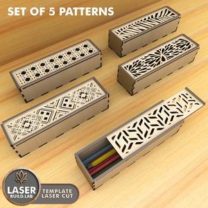 Laser Cut Pencil Box Set (5 Patterns) - Decorative Sliding Box SVG