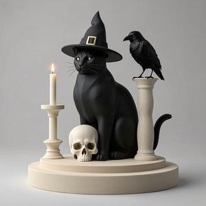 2342 Witch Cat with Skull, Raven, and Candlestick - Ivory-Style Figurine, magic, dragon, serpent, wood, gnome, gorgon, warrior, wild, fox, monster, cat, fair, witch, werewolf, horror, beast, snake, troll, skeleton dance