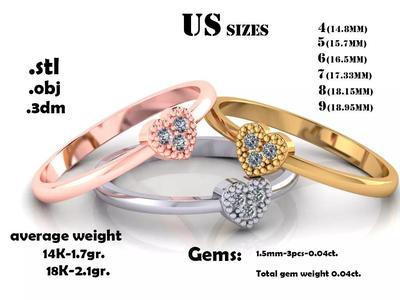 ring heart with 3 diamonds 004ct and 6 US sizes