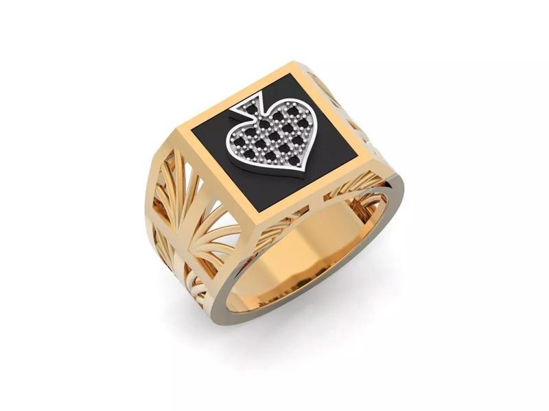 big ring with enamel card suit of spades with stones