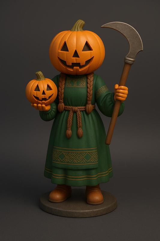 Pumpkin Head Figurine with Sickle - Halloween Harvest Statue