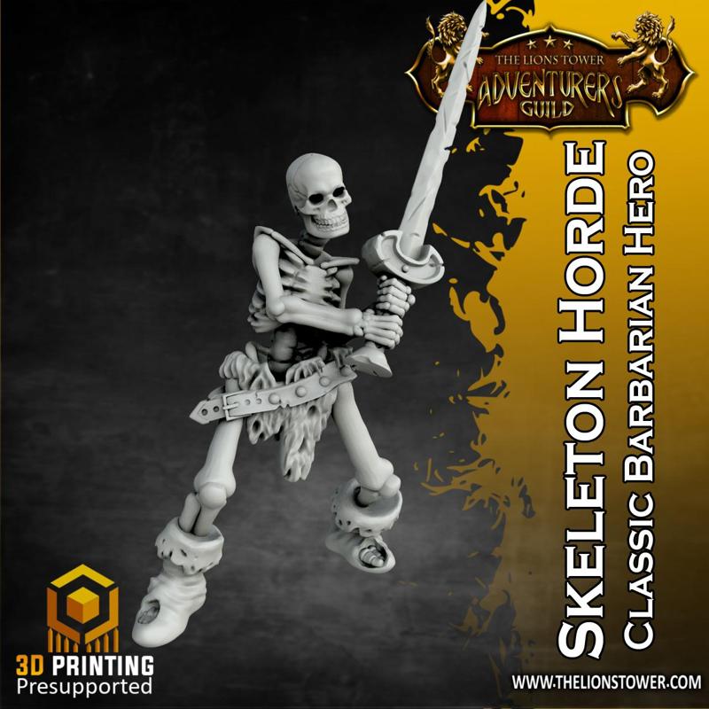 Skeleton Horde - Classic Barbarian Hero (32MM SCALE, PRE-SUPPORTED MINIATURE)