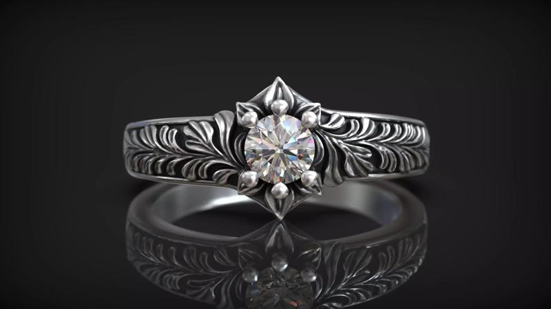 Floral Engagement Ring with Botanical Engraving and Diamond