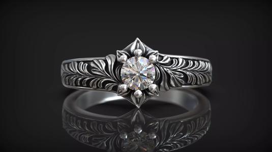 Floral Engagement Ring with Botanical Engraving and Diamond