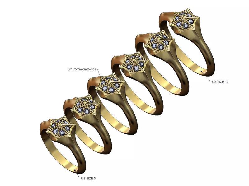 Diamond facetes hexagonal star signet ring US sizes 5to10